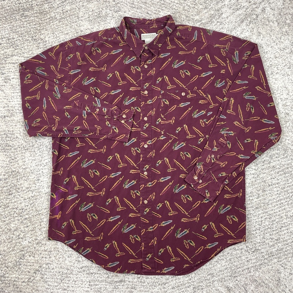Vintage Banana Republic Shirt Mens XL Long Sleeve Feathers Burgundy Button Down